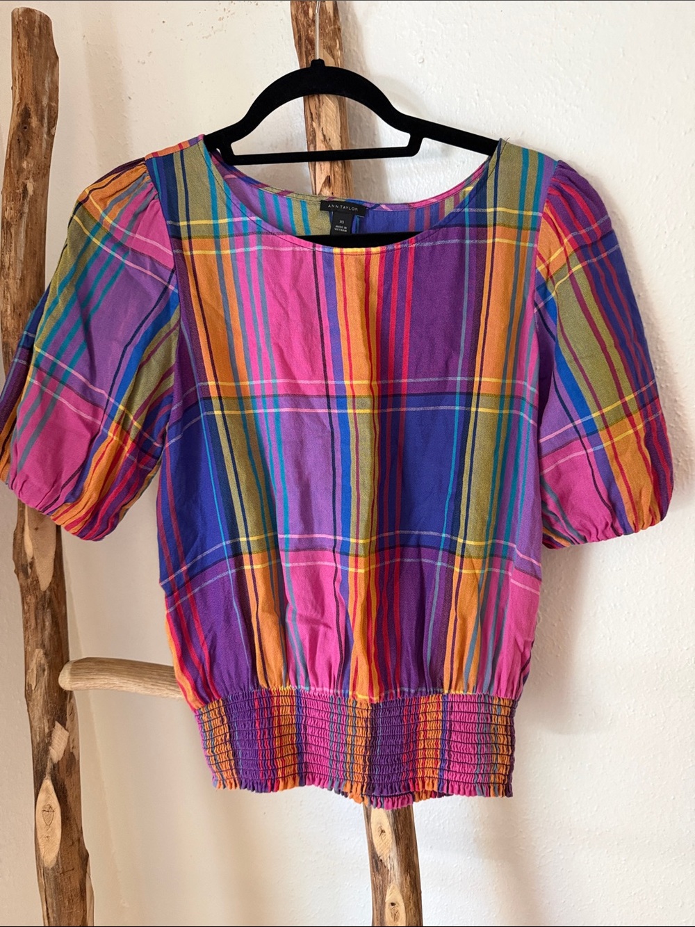 Ann Taylor Multicolor Plaid Puff-Sleeve Smock Waist Lightweight Top XS S